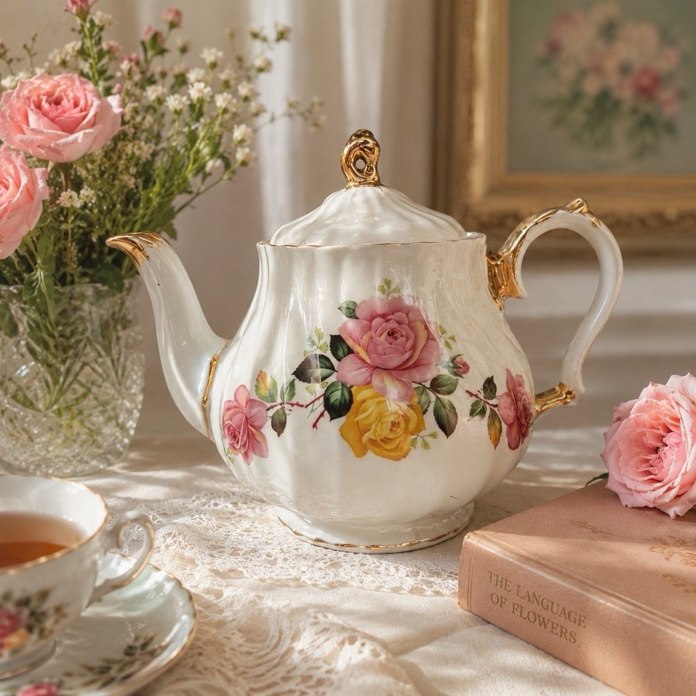 Sadler England Teapot VTG Pink Yellow Rose Floral Gold Gilt Trim Shabby Chic